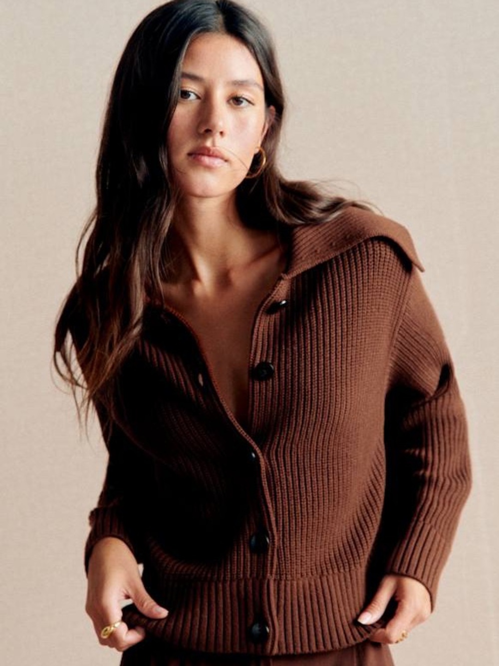Sézane Tim Cardigan in Chestnut Brown - Picture 4 of 7